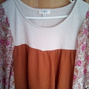 Umgee Cream and Brown Blouse with Pink Floral Sleeves